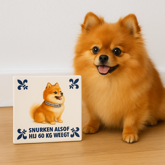 Pomeranian - Snoring like he weighs 60kg - Delft Blue Tile With Humor
