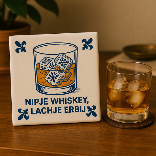 A Sip of Whiskey, a Little Laugh - Delft Blue Tile with Humor