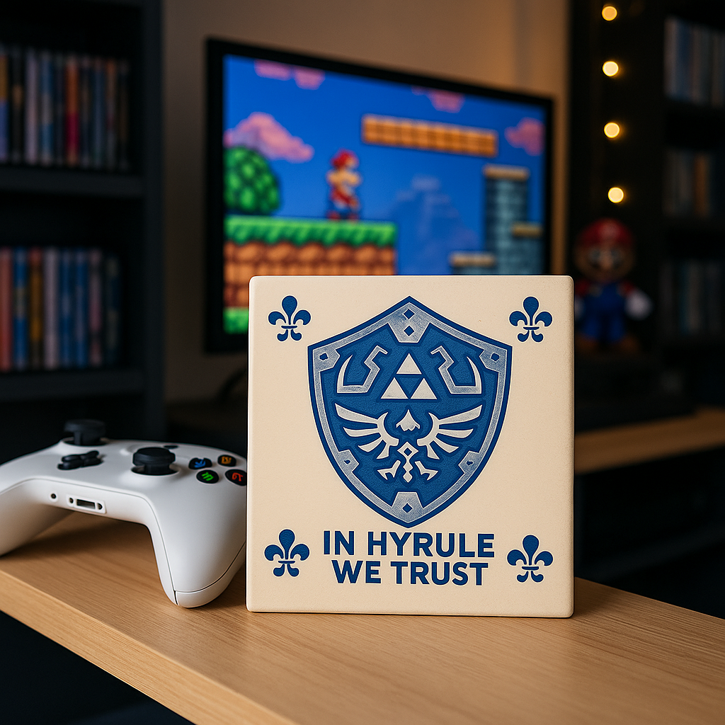 Zelda - In Hyrule We Trust - Delfts Blauwe tegel met humor