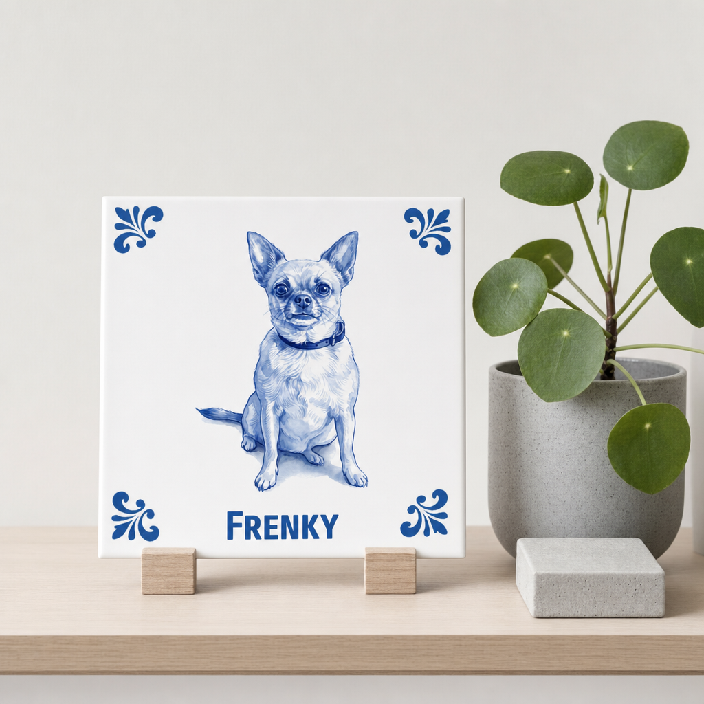 Delfts blauwe tegel met hond Frenky