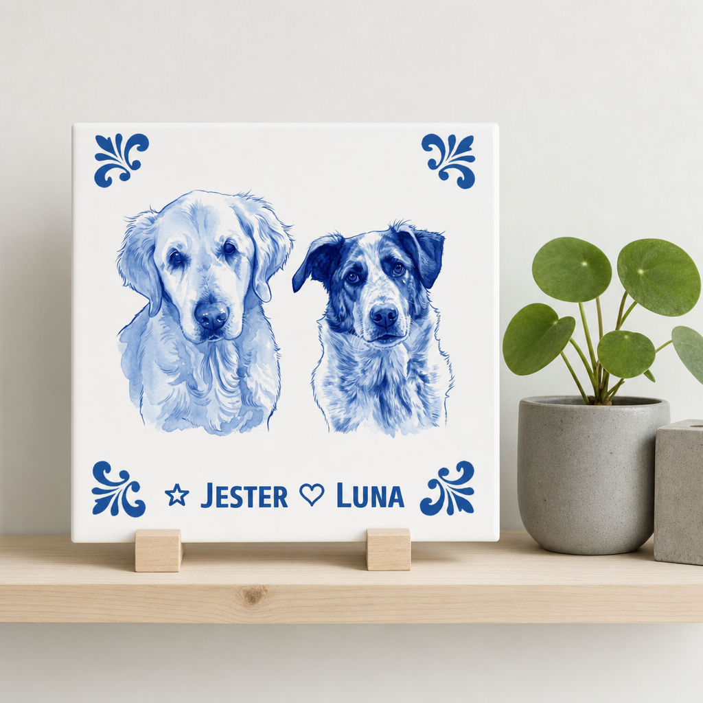 Delfts blauwe tegel met portretten van honden Jester en Luna