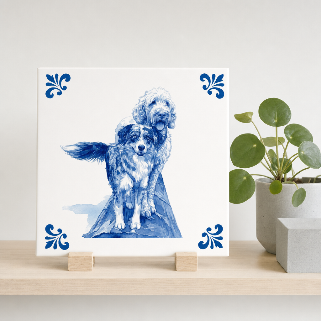 Delft Blue tegel Witteveen op houten standaard