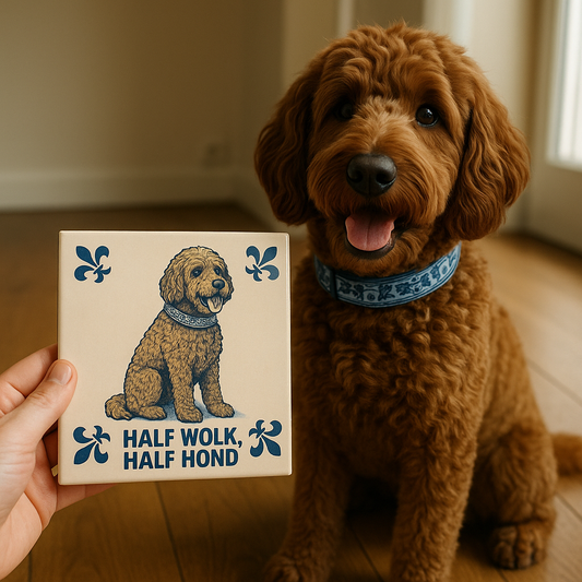 Labradoodle - Half Cloud, Half Dog - Delft Blue Tile with Humor