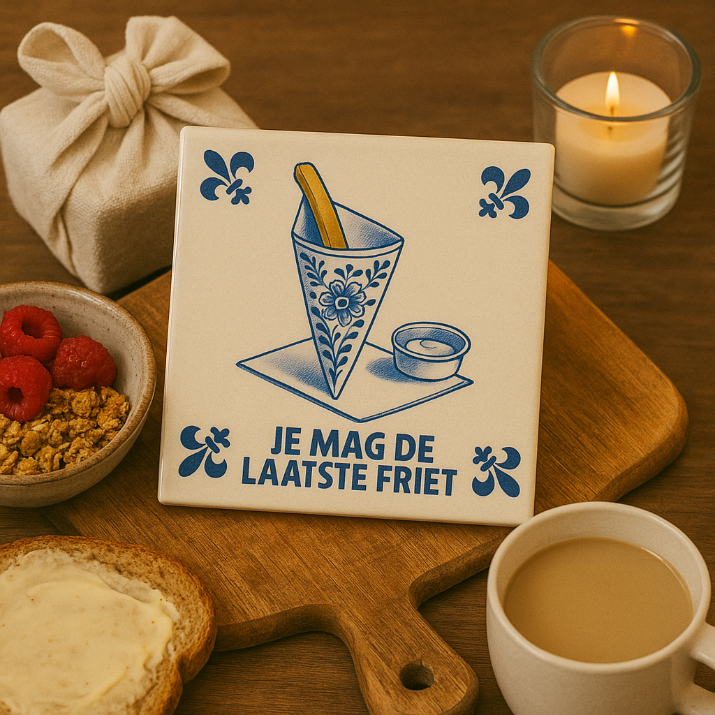“You can have the last fries” – Delft Blue Tile with Humor (15x15 cm)