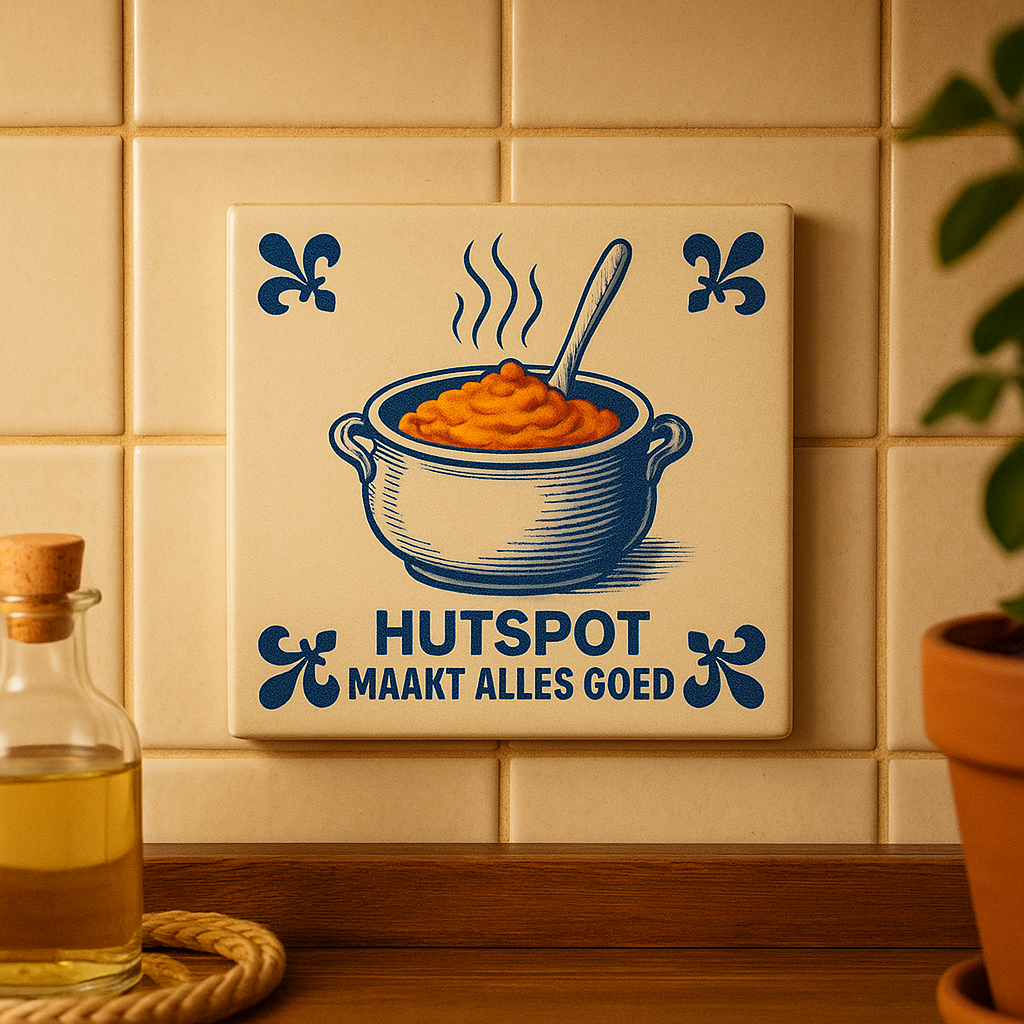 Hutspot maakt alles goed – Delfts blauwe tegel met humor