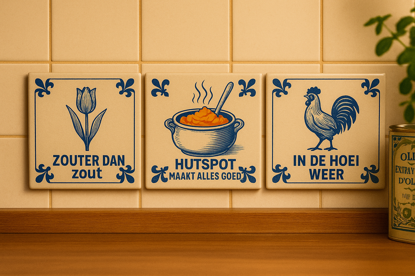 Hutspot maakt alles goed – Delfts blauwe tegel met humor