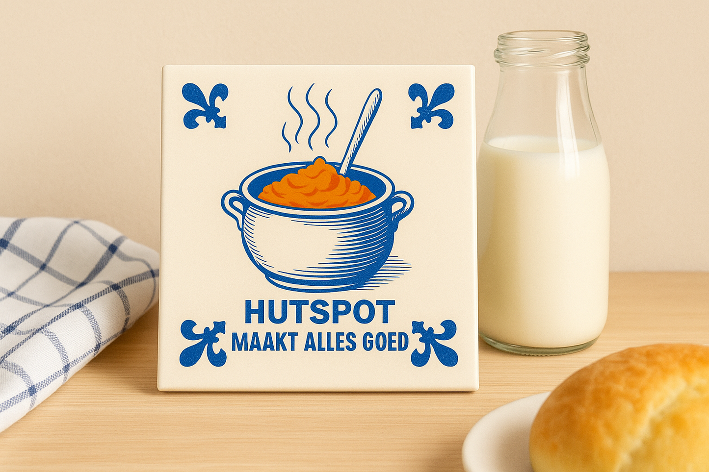 Hutspot maakt alles goed – Delfts blauwe tegel met humor