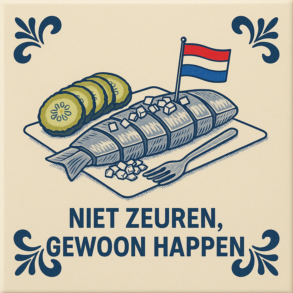 Niet Zeuren, gewoon happen - Delfts Blauwe Tegel met Humor