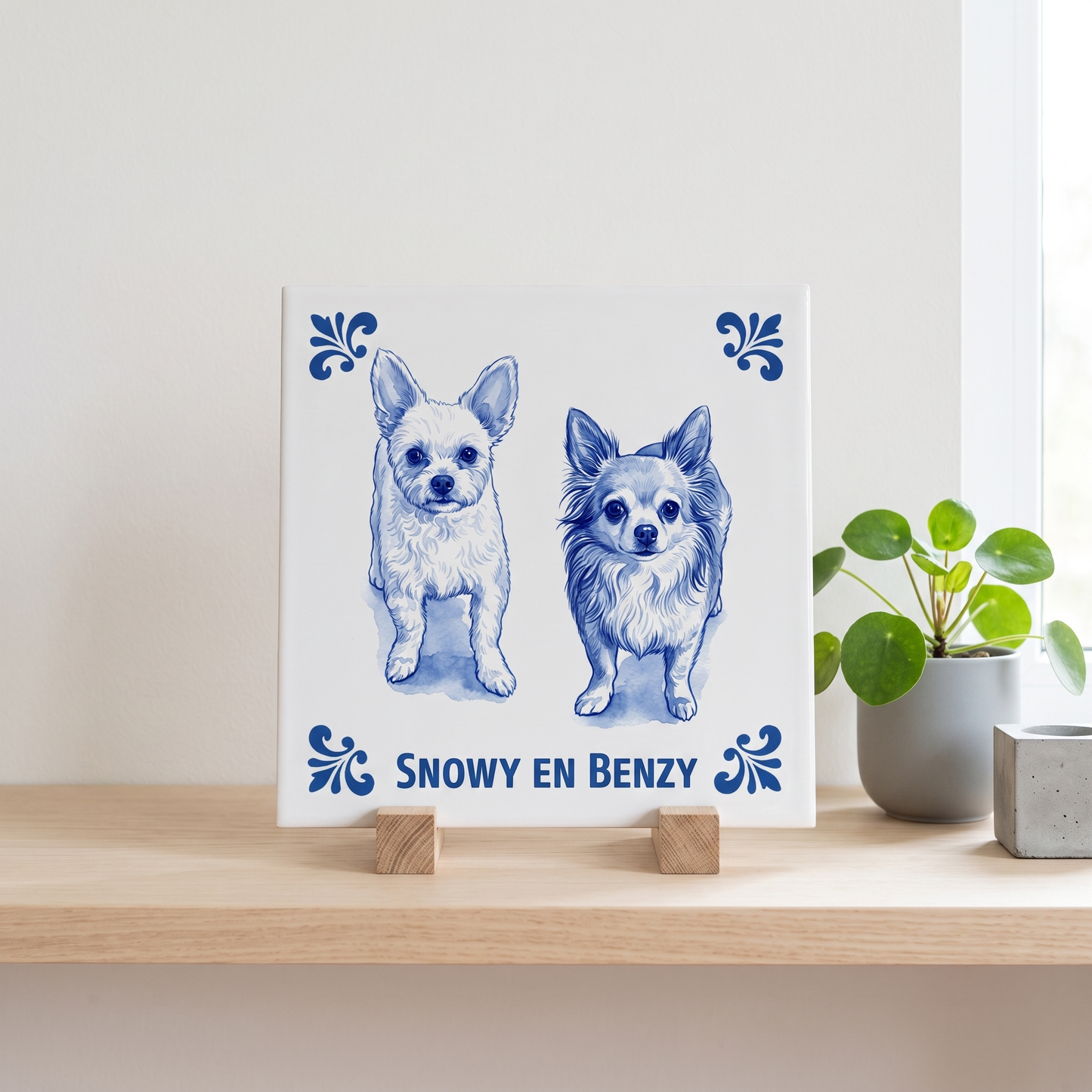 Delfts blauwe tegel met portret van de honden Snowy en Benzy