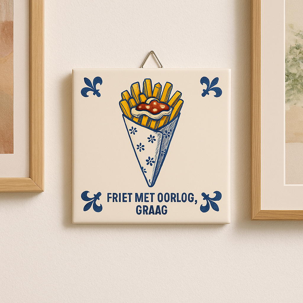 "Friet met Oorlog, Graag" - Delfts Blauwe Tegel met humor