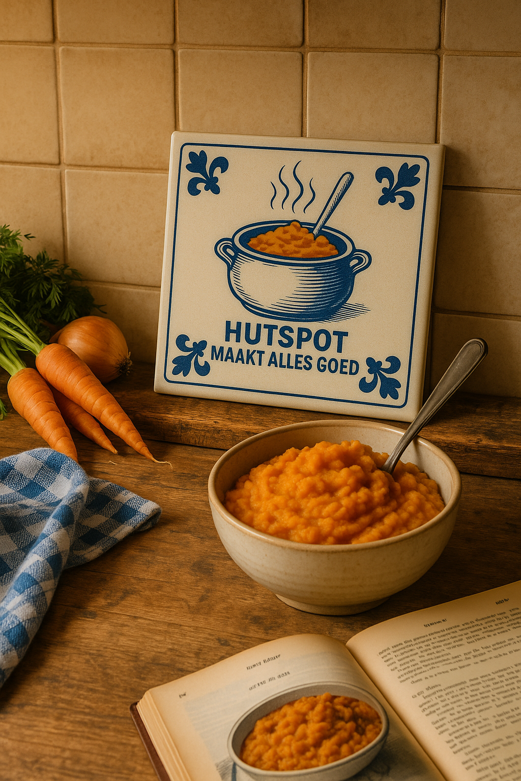 Hutspot maakt alles goed – Delfts blauwe tegel met humor