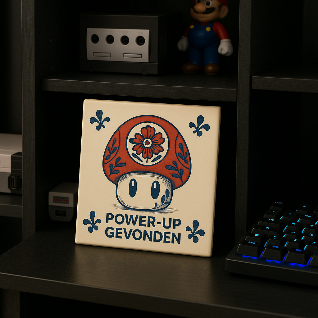Mario Power Up - Delfts Blauwe Tegel Met Humor