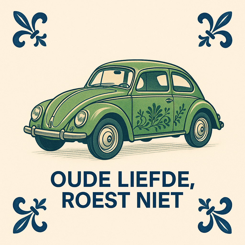 Oude liefde, roest niet - Volkswagen Kever - Delft blauwe tegel met humor
