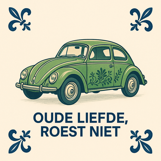 Oude liefde, roest niet - Volkswagen Kever - Delft blauwe tegel met humor