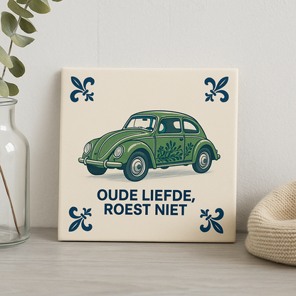 Old love never dies - Volkswagen Beetle - Delft blue tile with humor