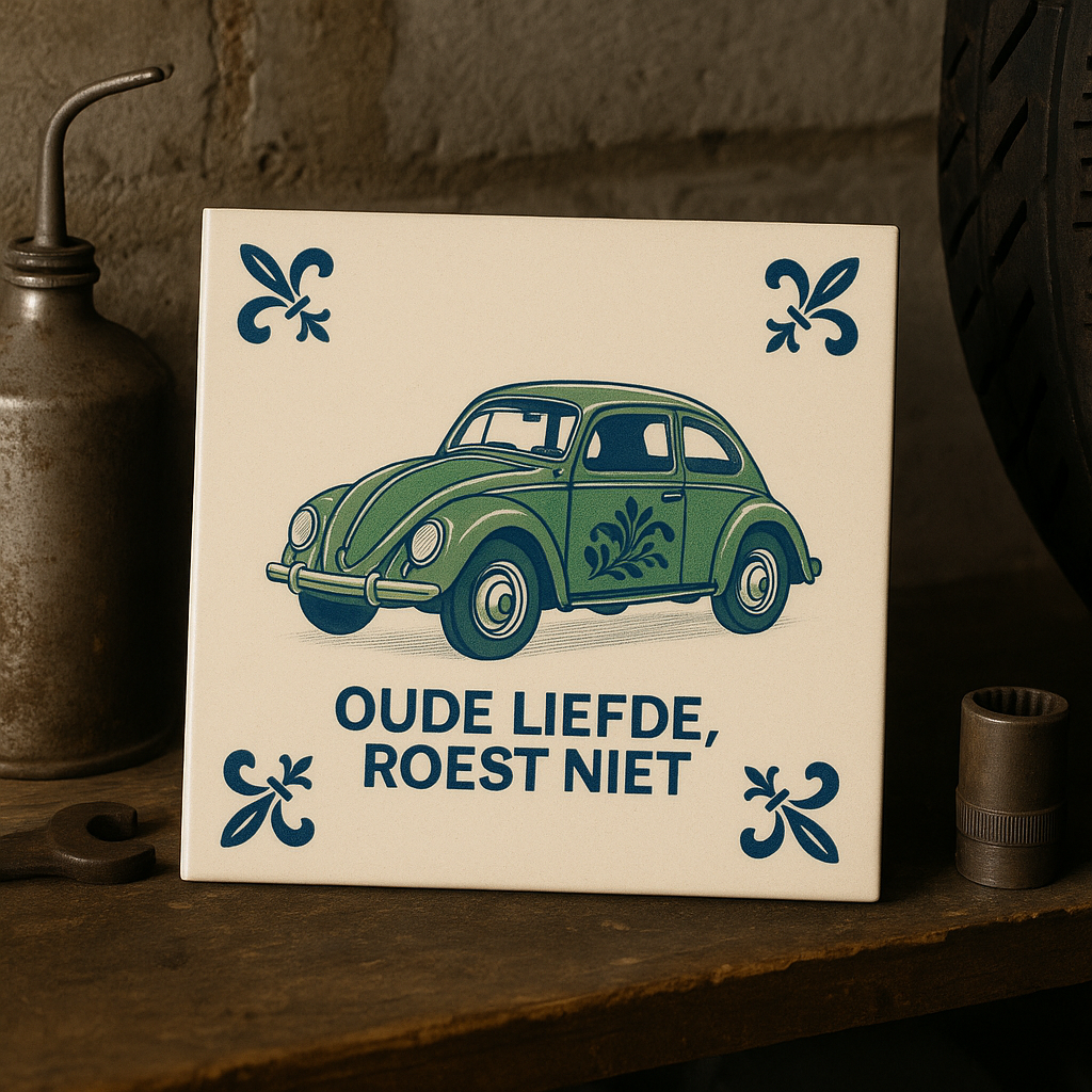 Oude liefde, roest niet - Volkswagen Kever - Delft blauwe tegel met humor