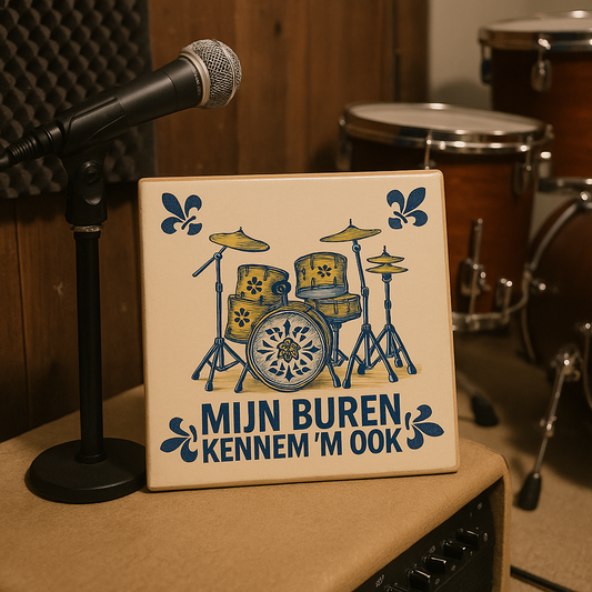 Drumstel - Mijn buren kennen 'm ook - Delfts Blauwe Tegel Met Humor