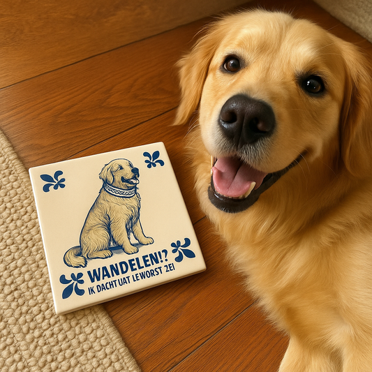 Golden Retriever - WANDELEN!? IK DACHT DAT JE WORST ZEI - Delfts Blauwe Tegel Met Humor