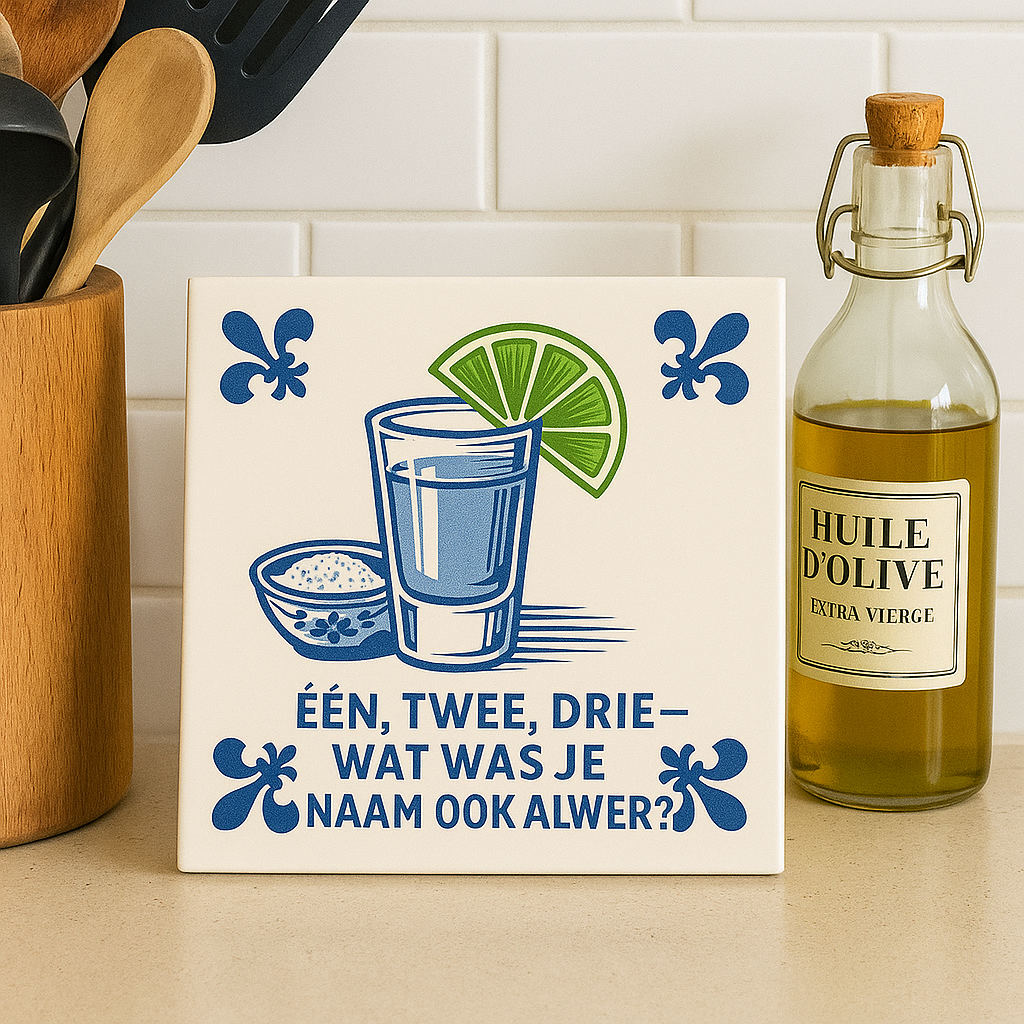 Tequila - Een, Twee, Drie? - Delfts Blauwe tegel met humor
