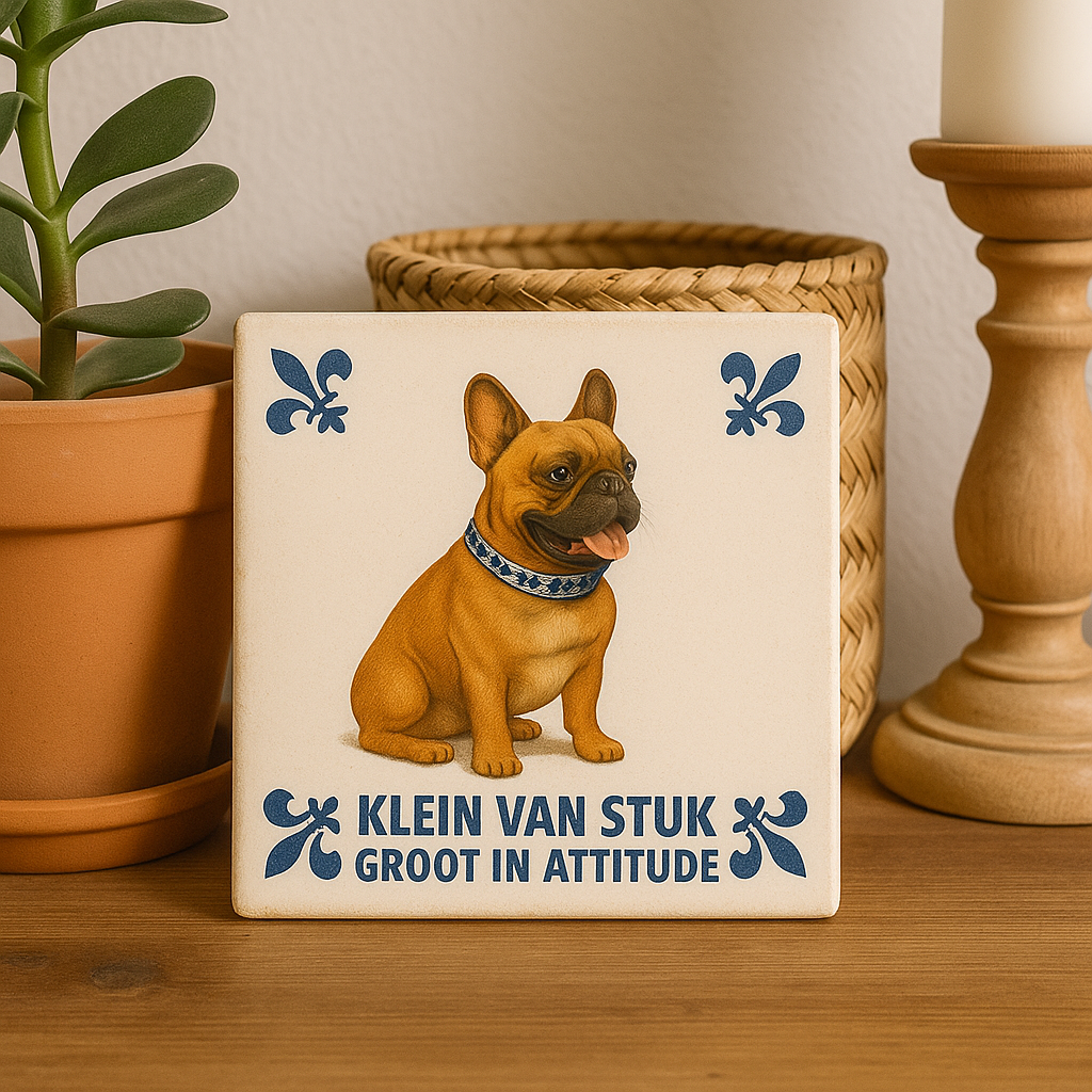 Franse Bulldog – “Klein van stuk, groot in attitude” - Delfts Blauwe Tegel met Humor