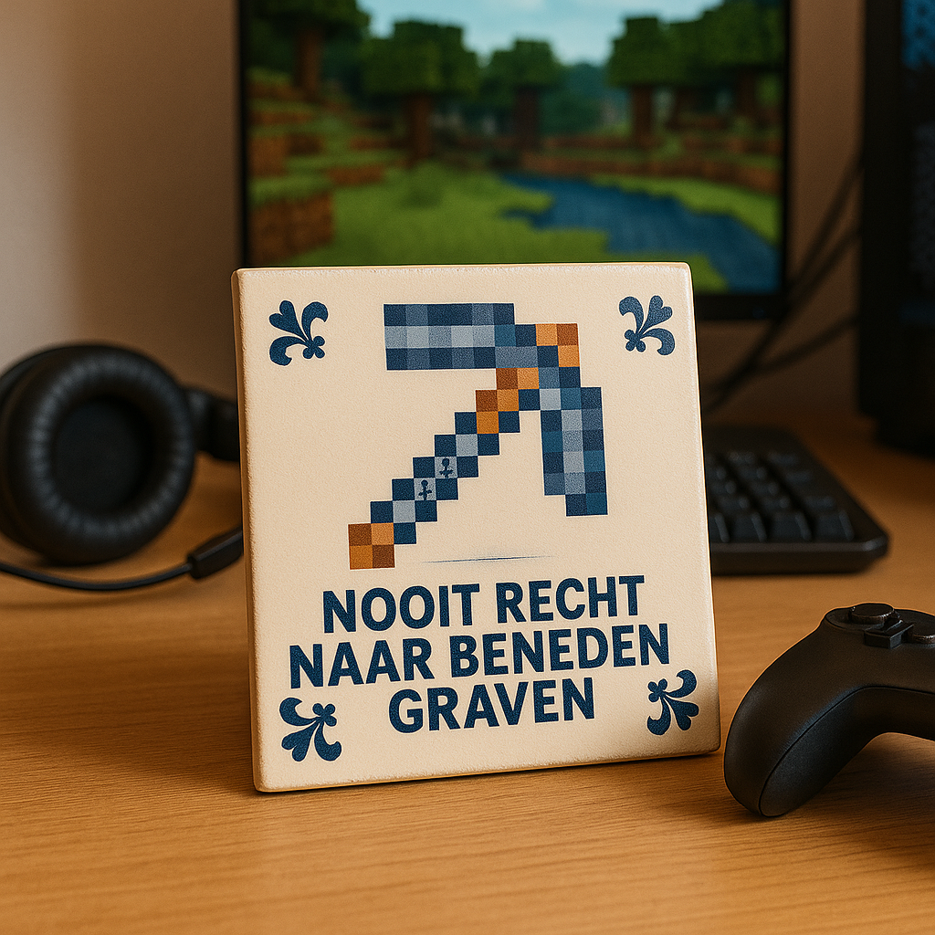 Minecraft - Nooit recht naar beneden graven - Delfts Blauwe tegel met humor