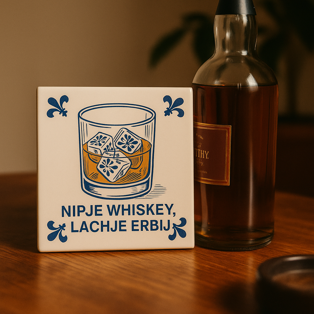Nipje Whiskey, Lachje Erbij - Delfts Blauwe Tegel met Humor