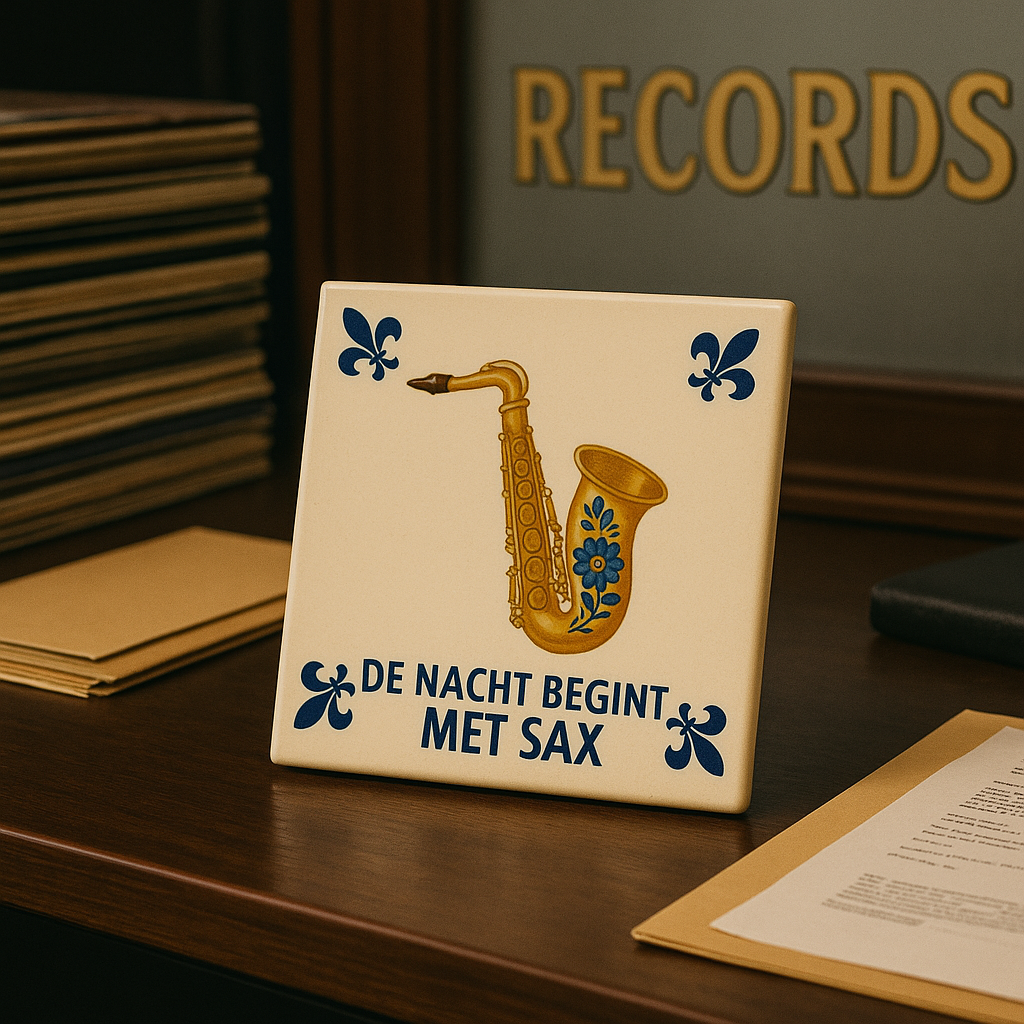Saxofoon - De Nacht Begint Met Sax - Delfts Blauwe Tegel Met Humor