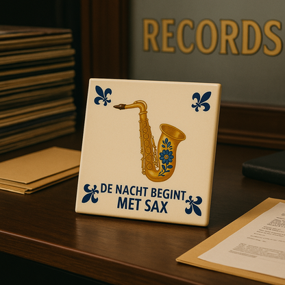 Saxofoon - De Nacht Begint Met Sax - Delfts Blauwe Tegel Met Humor