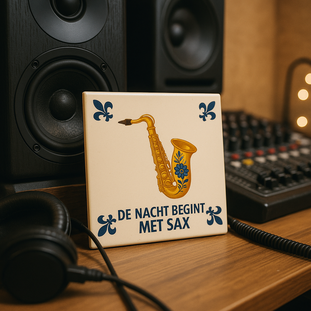 Saxofoon - De Nacht Begint Met Sax - Delfts Blauwe Tegel Met Humor