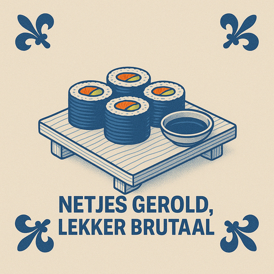 Sushi - Netjes gerold, lekker brutaal - Delfts Blauwe tegel met humor