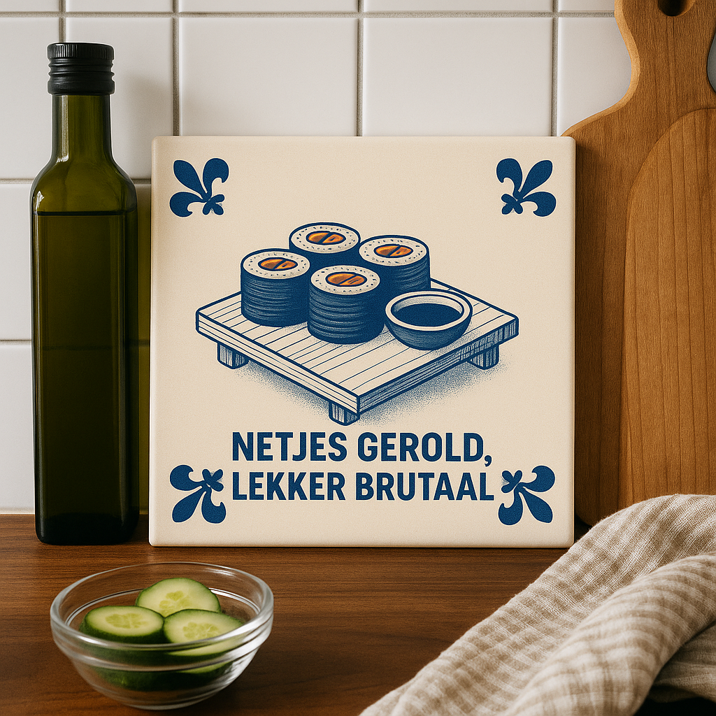 Sushi - Netjes gerold, lekker brutaal - Delfts Blauwe tegel met humor