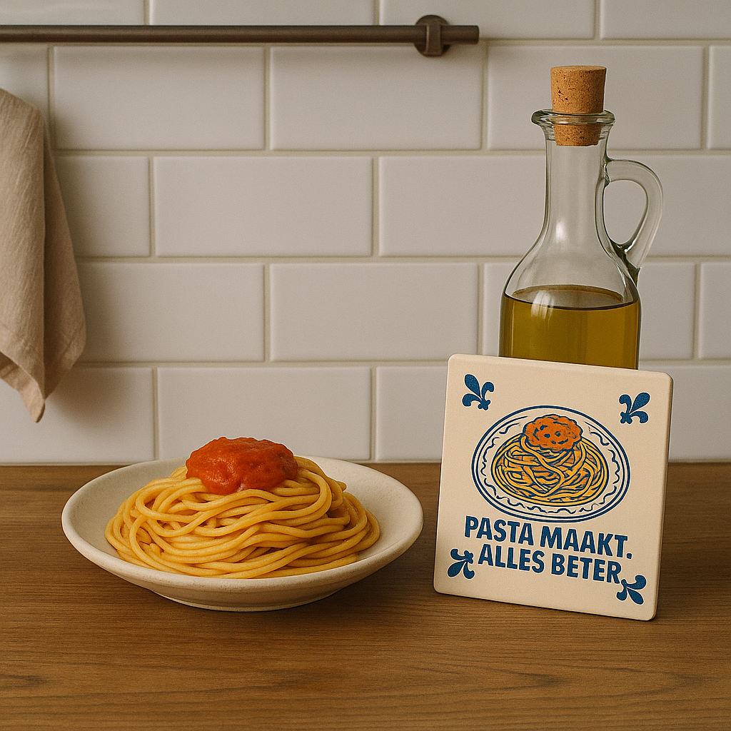 Pasta maakt alles beter - Delfts Blauwe tegel met humor