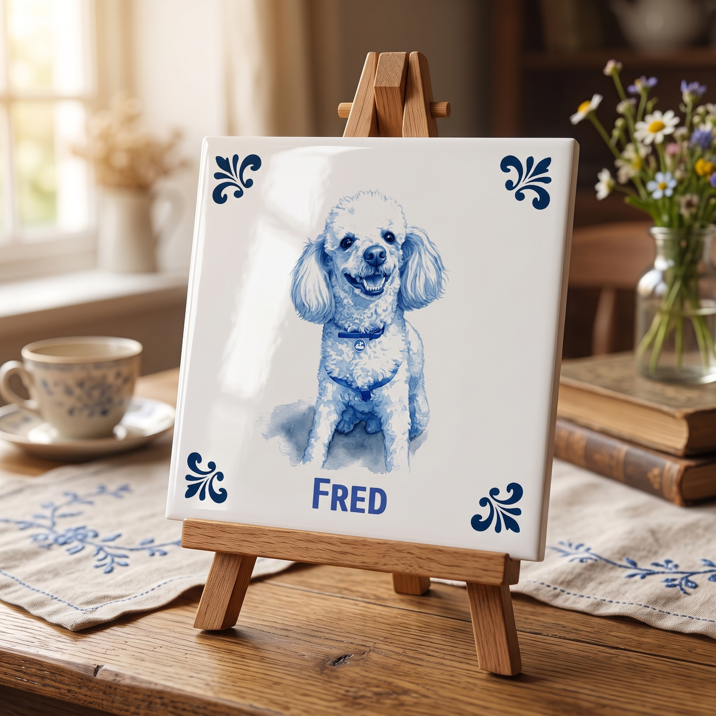 Delfts blauwe tegel met hond Fred op houten standaard