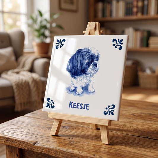 Delfts blauwe tegel met Keesje op houten standaard