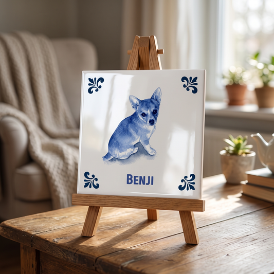 Delfts blauwe tegel met chihuahua Benji op houten standaard