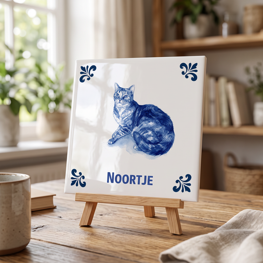 Delfts blauwe tegel met kat Noortje op houten standaard