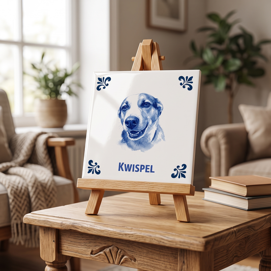 Delfts blauw tegelontwerp Kwispel op houten standaard