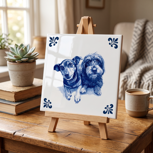 Delfts blauwe tegel met twee honden op houten standaard