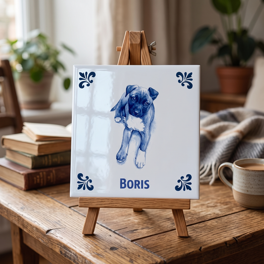 Delfts Blauwe tegel met hond Boris op houten standaard
