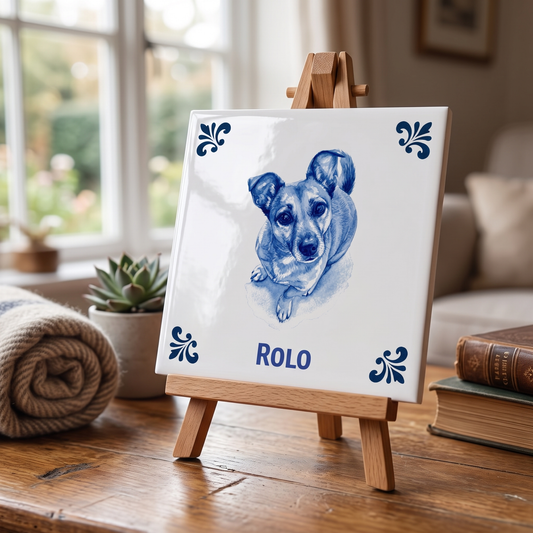 Delfts Blauwe tegel met hond Rolo op houten standaard
