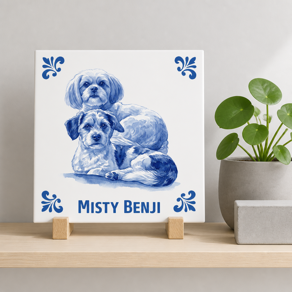 Delfts blauw tegelontwerp Misty en Benji