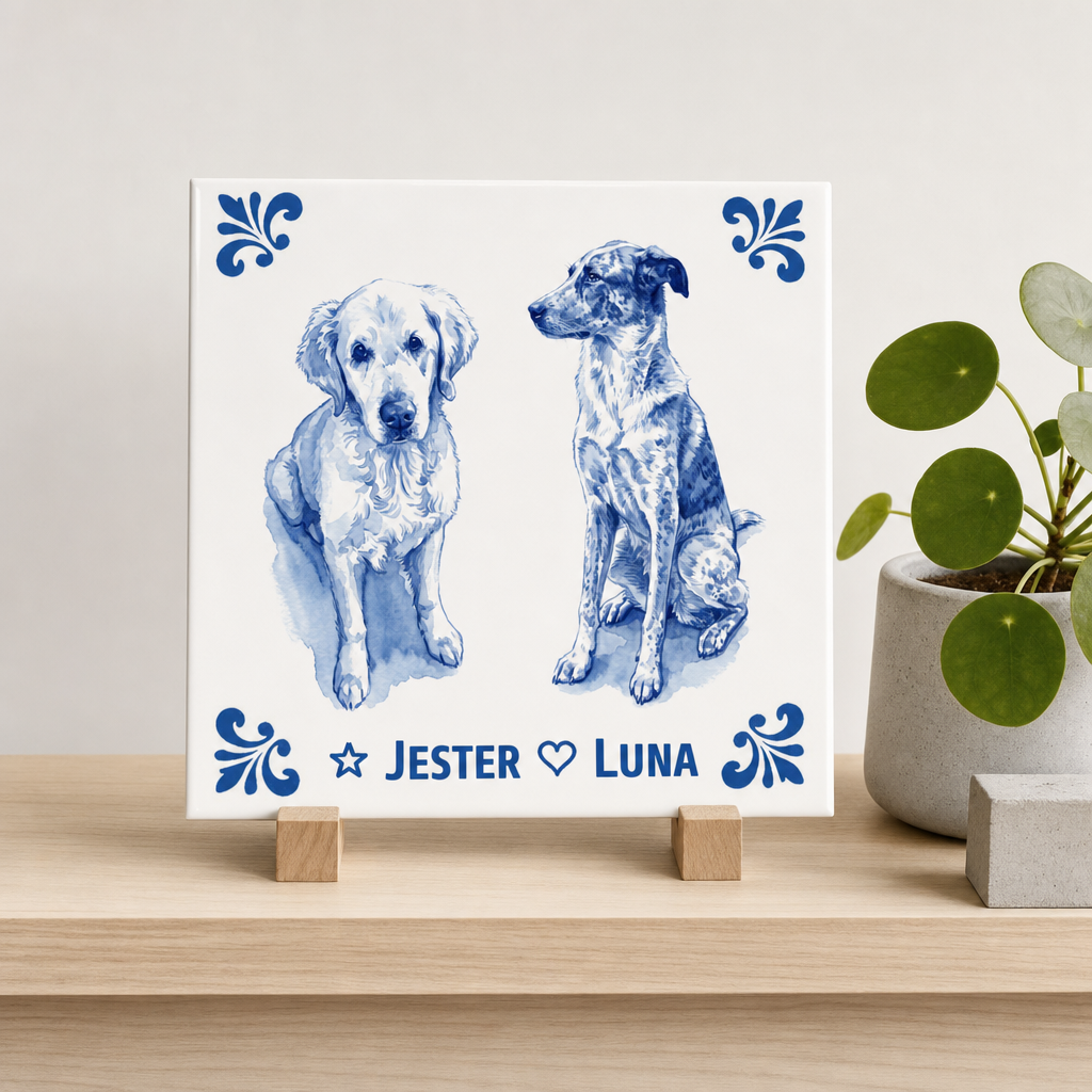 Delfts blauwe tegel met honden Jester en Luna