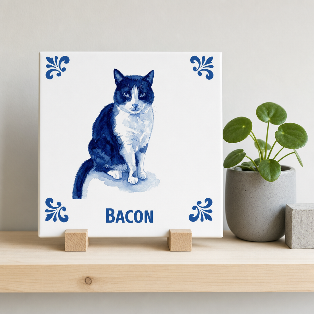 Delft Blue tegel Bacon op houten standaard