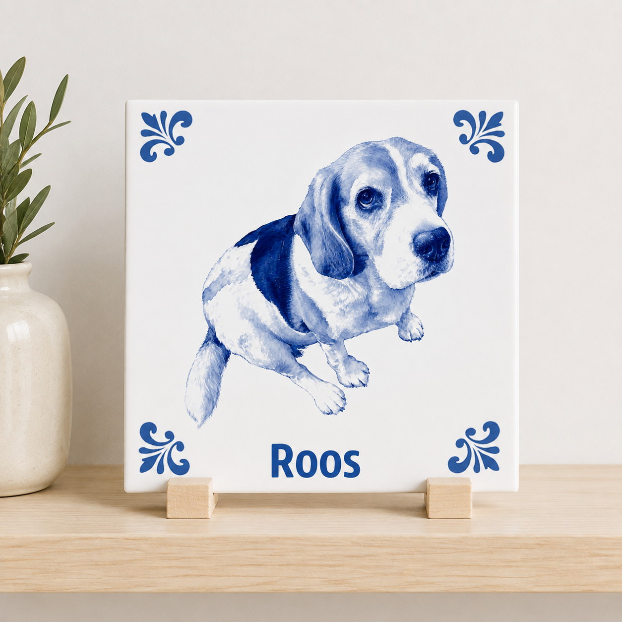Delfts blauwe tegel Roos volledige hond op houten standaard