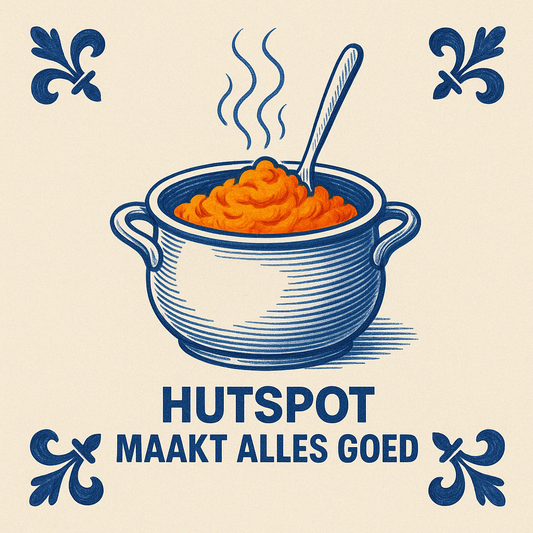 Hutspot maakt alles goed – Delfts blauwe tegel met humor