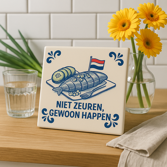 Niet Zeuren, gewoon happen - Delfts Blauwe Tegel met Humor