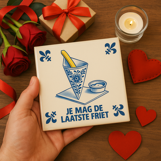 “Je mag de laatste friet” – Delfts Blauwe Tegel Met Humor (15x15 cm)