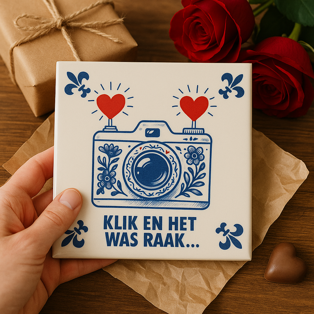 “Klik en het was raak…” – Liefdestegel - Delfts Blauwe Tegel Met Humor