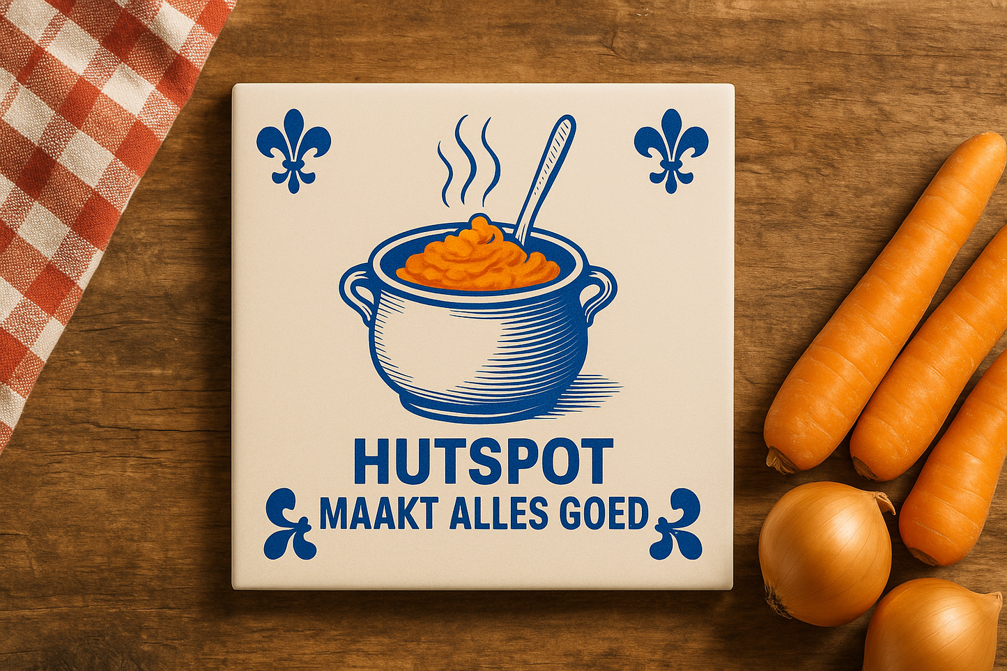 Hutspot maakt alles goed – Delfts blauwe tegel met humor