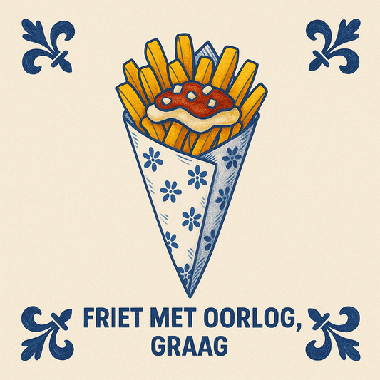 "Friet met Oorlog, Graag" - Delfts Blauwe Tegel met humor